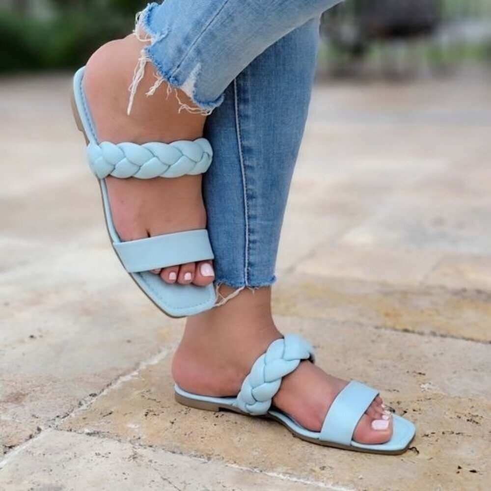Women’s Blue Two Band Braided Slides Slip On Super Comfortable Flat Sandals - Picture 2 of 5